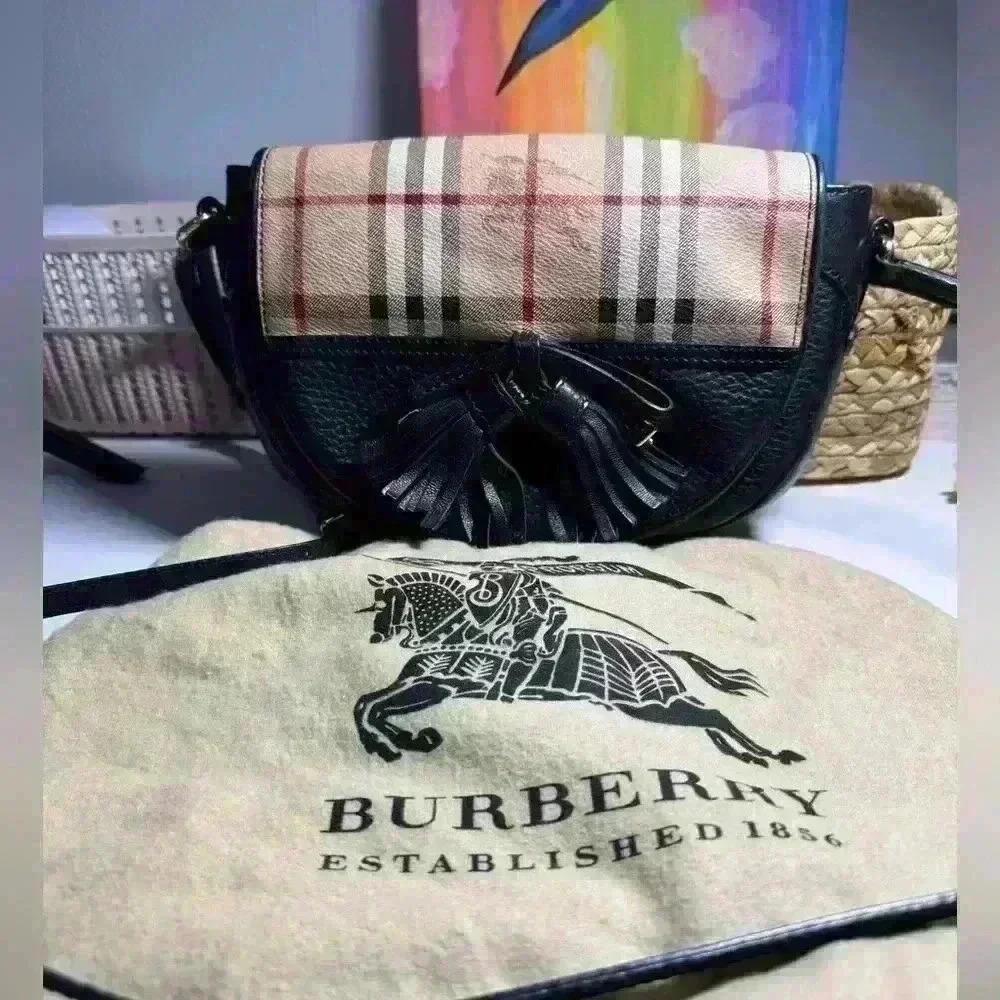 BURBERRY Haymarket Check MaydownCrossbody Bag Black - Picture 2 of 15